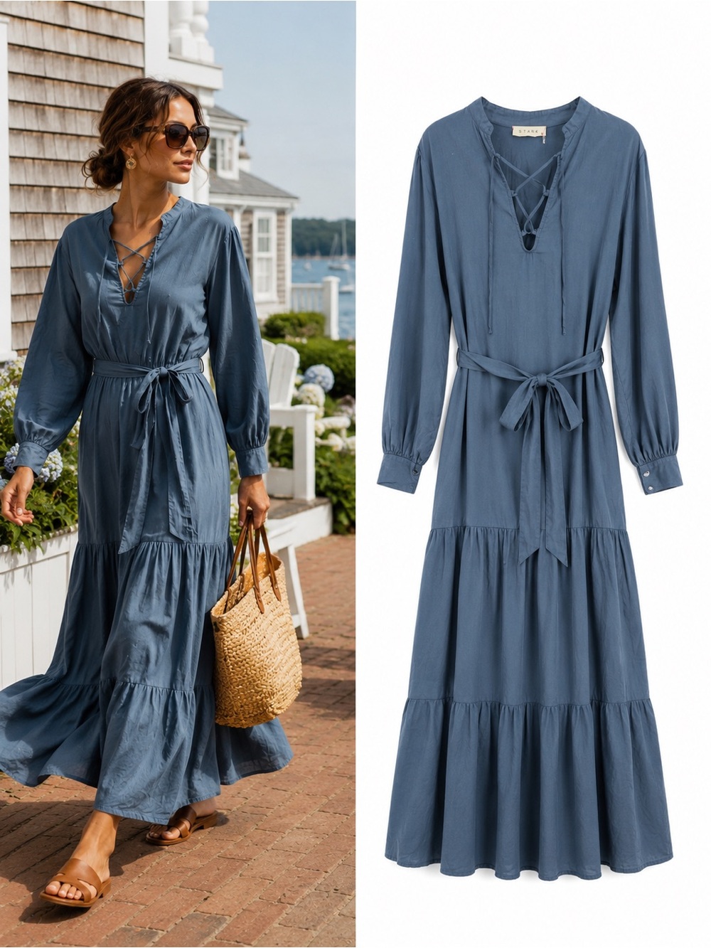 STARKx Slate Blue 100% Cotton Tiered Boho Maxi Dress Size Medium Made in USA
